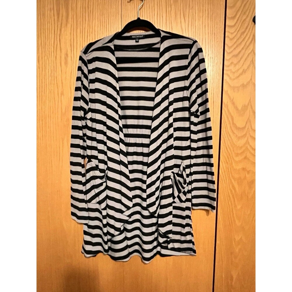 Black & Tan Striped Angled Drape Open Front Long Sleeve Cardigan w/ Pockets Sz L